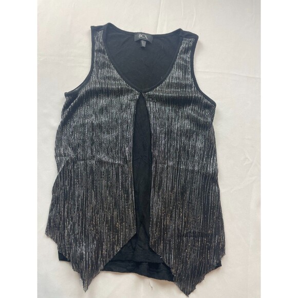 BCX Blouse Womens Small Black Metallic Striped Sleeveless Layered V-Neck - Picture 1 of 4